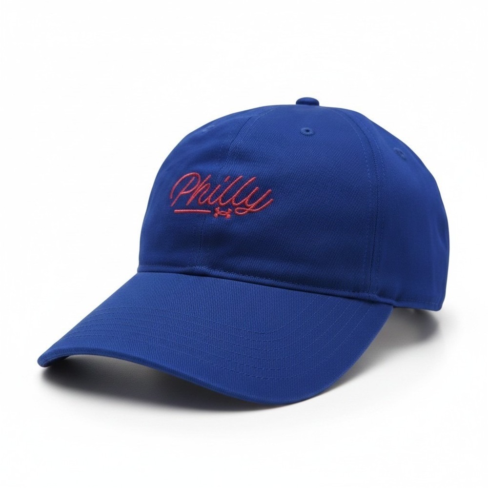 Under Armour Philly Hat Mens Blue Red Script Adjustable UA‎ Free Fit Cap 1355139